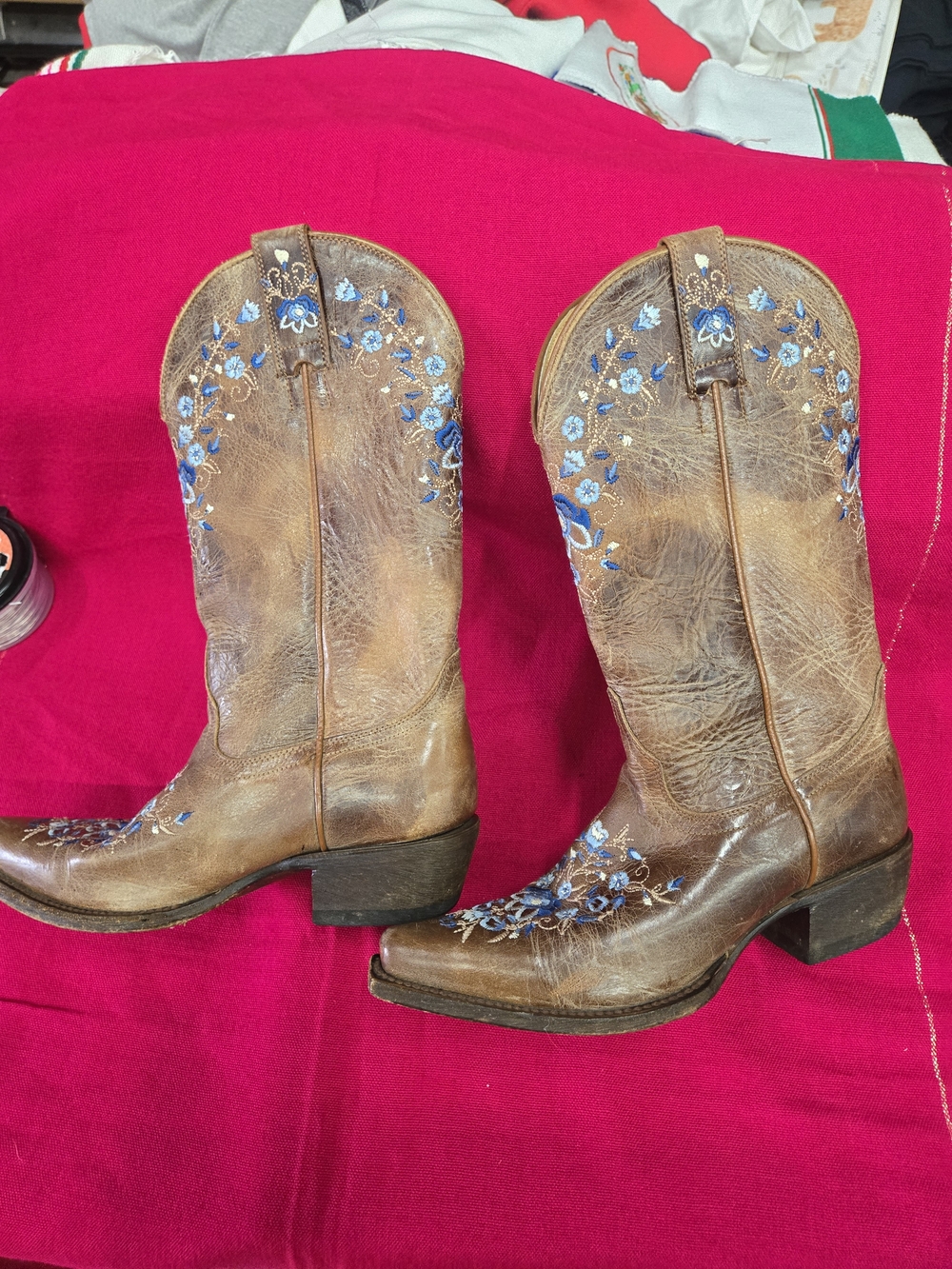 Shyanne Brown Leather Cowboy Boots with Blue Floral Embroidery